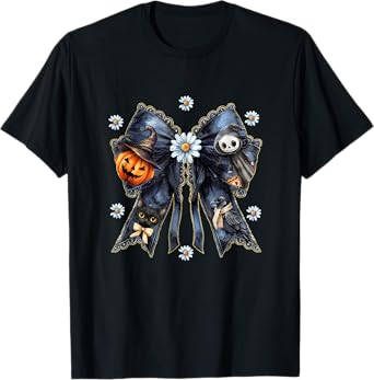 Coquette Halloween Bow,Cute Spooky Skeleton,Pumpkin Daisy Co T-Shirt