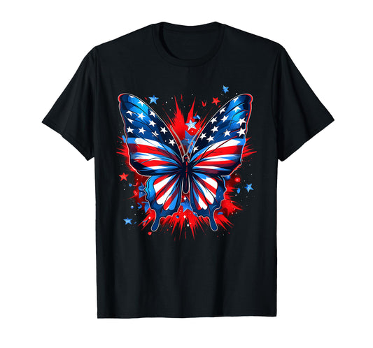 4th Of July Butterfly USA Flag Cute American Women Girl T-Shirt