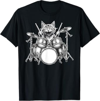 Cat Playing Drum Percussionist Drummer Rock & Roll Music T-Shirt for Men Women Girls Kids