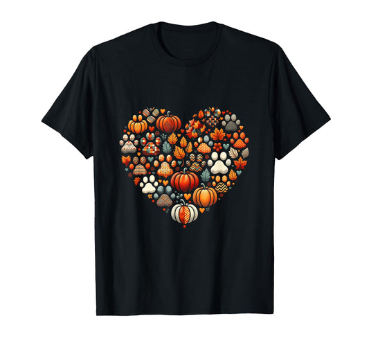 Cute Dog Cat Paw Print Pumpkin Autumn Leaf Fall Thanksgiving T-Shirt