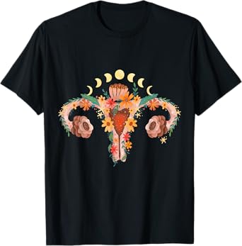 Uterus with Flowers and Moon Phases Retro Vagina T-Shirt