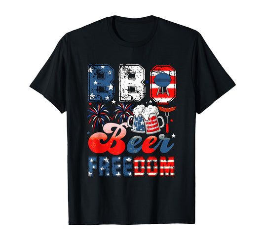BBQ Beer Freedom 4th Of July US Flag Funny Drinker Patriotic T-Shirt