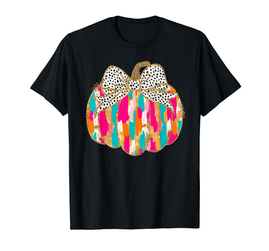 Coquette Bow Pumpkin Season Autumn Fall Leaves Thanksgiving T-Shirt