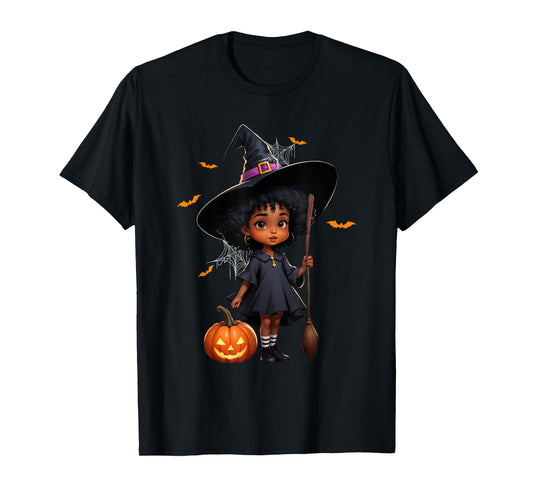 African American Black Girl Cute Witch Halloween Pumpkin T-Shirt