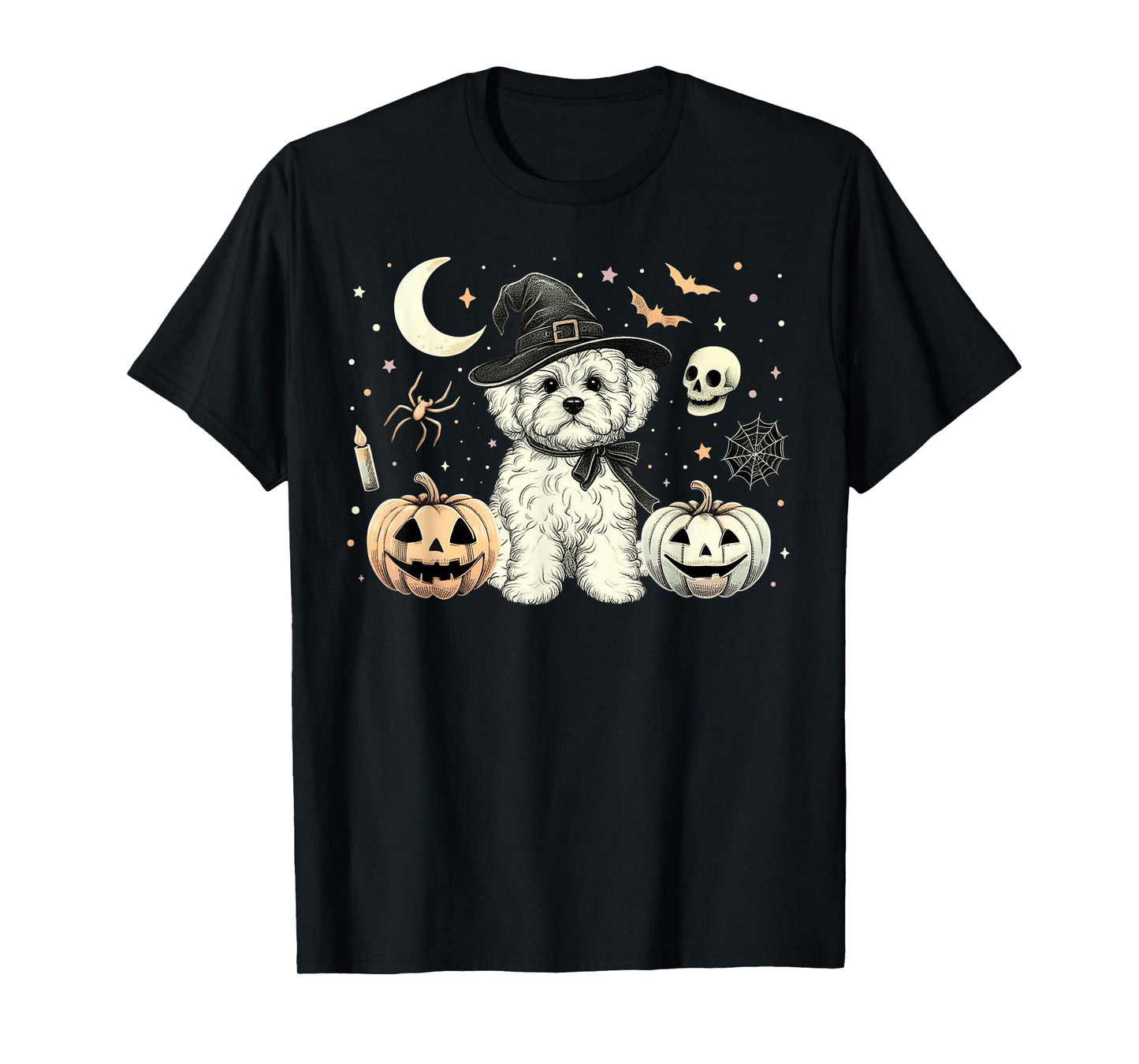 Cute Halloween Maltipoo Witch & Pumpkins Bats Spooky Holiday T-Shirt