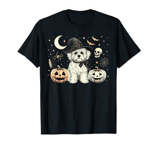 Cute Halloween Maltipoo Witch & Pumpkins Bats Spooky Holiday T-Shirt