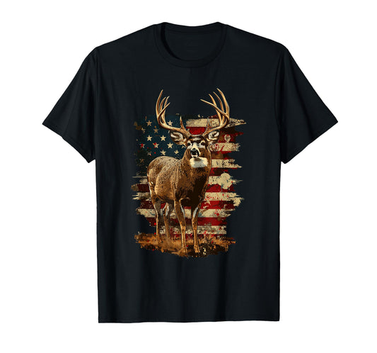 Whitetail Buck Deer Hunting 4th Of July USA American Flag T-Shirt for Women Men