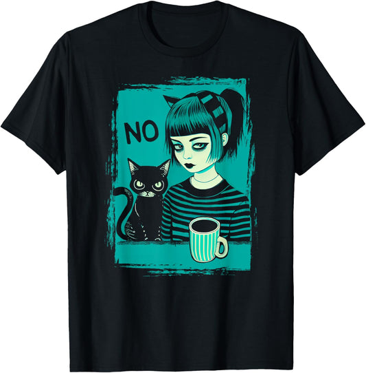 Dark At Heart Punk Goth Girl Says No With Cat And Coffee T-Shirt