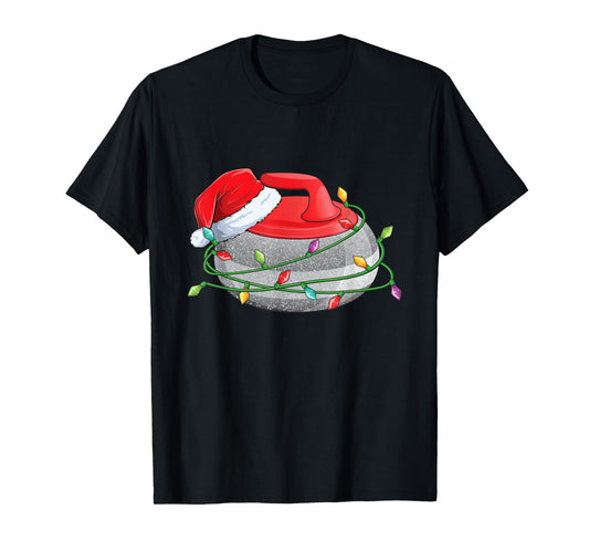 Christmas Curling Stone, Santa Hat wrapped in Holiday Lights T-Shirt