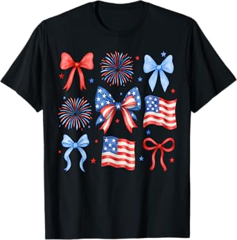 Coquette Bow 4th of July Patriotic Women Girl American Flag T-Shirt