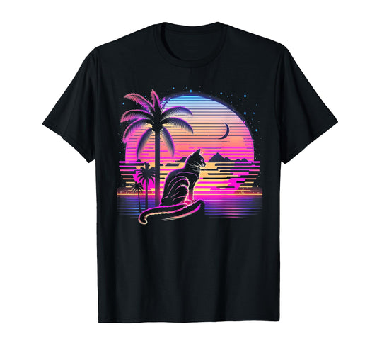 Cat Vaporwave Retrowave Aesthetic Synthwave 80s Palm Tree Men Women Kids T-Shirt