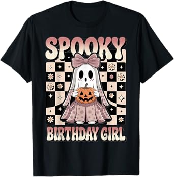 Halloween Birthday Girl Ghost Bow Pumpkin Checkered Spooky T-Shirt