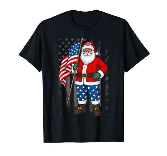 Santa USA American Flag Christmas In July Happy 4th Of July T-Shirt