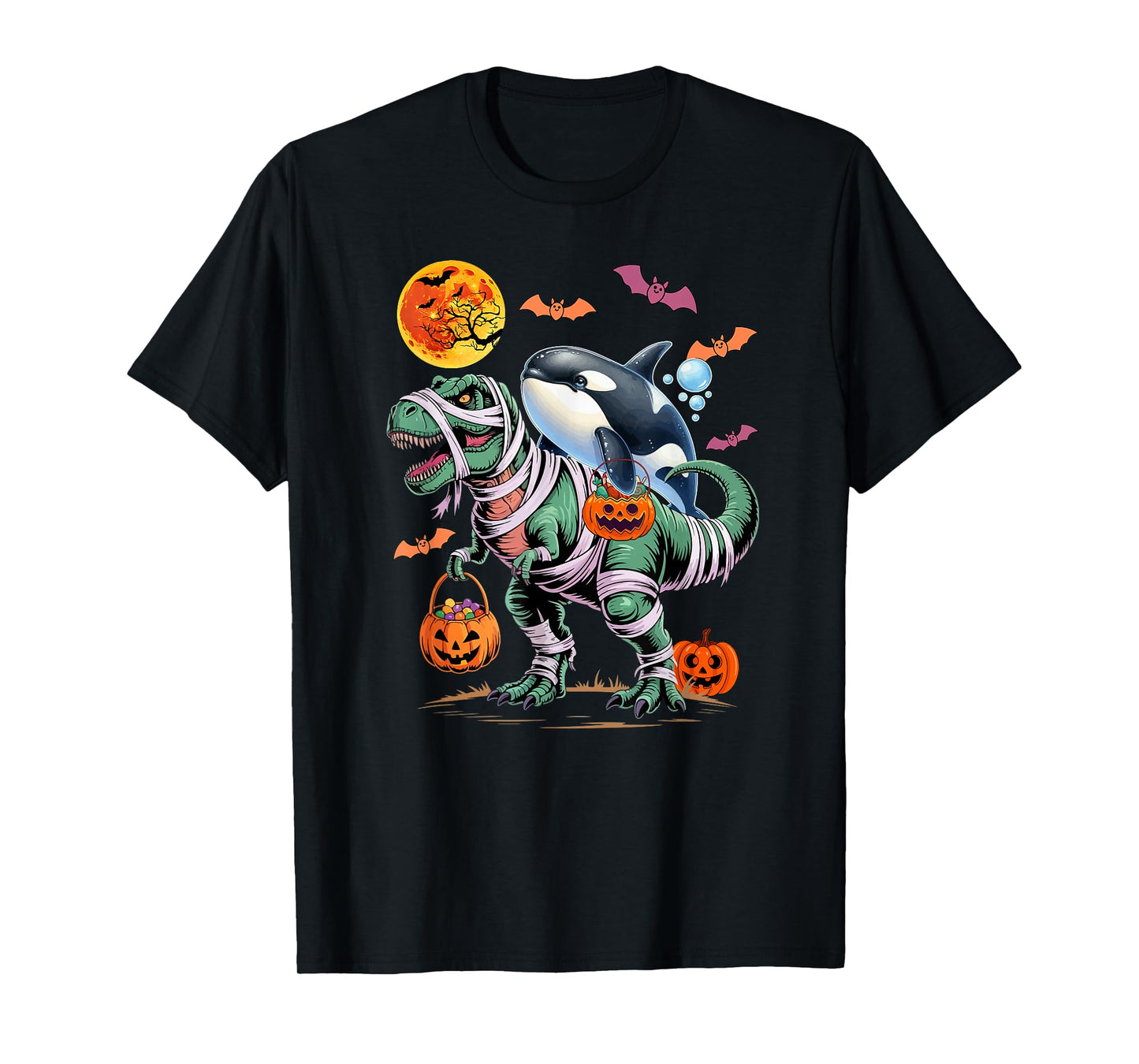 Orca Riding T-Rex Cosplay Horror Mummy Halloween Candies T-Shirt