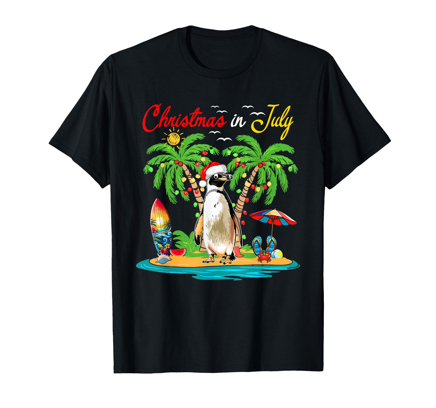 Christmas In July Hawaiian Santa Penguin Costume Beach Lover T-Shirt