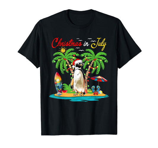 Christmas In July Hawaiian Santa Penguin Costume Beach Lover T-Shirt