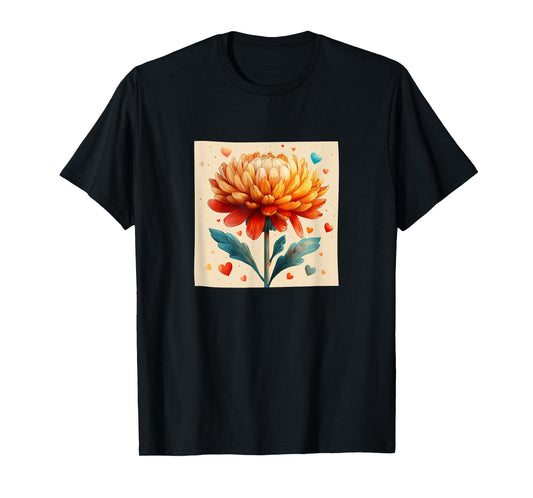 Chrysanthemum Flowers With Hearts Around Boho Graphic T-Shirt