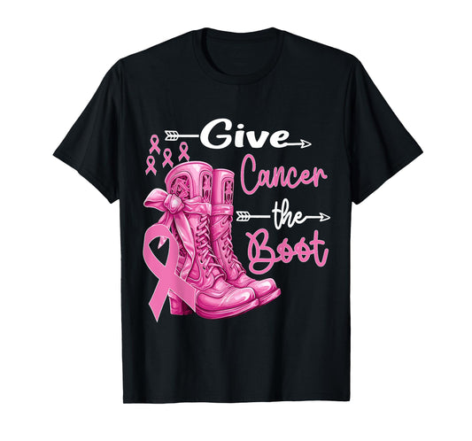 Give Cancer The Boot Cowgirl Breast Cancer Women Pink Ribbon T-Shirt