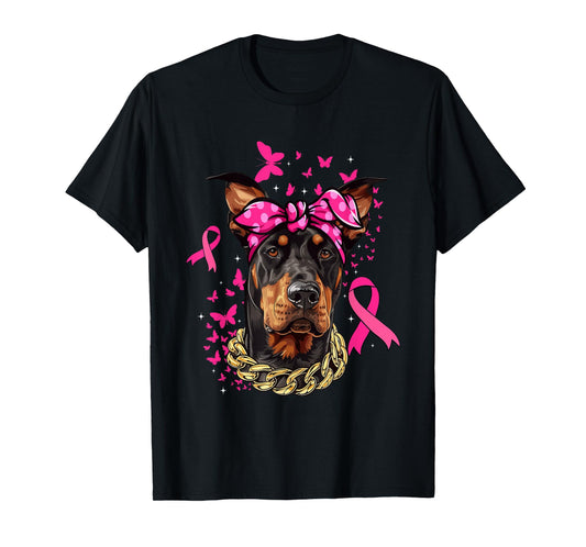 Cute Doberman Pinscher Pink Ribbon Breast Cancer Survivor T-Shirt