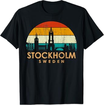 Vintage Retro Style Landscape Sun Skyline Stockholm Sweden T-Shirt