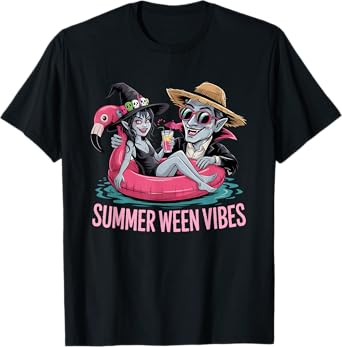 Funny Dracula and Witch Float Halloween Summer Ween Party T-Shirt