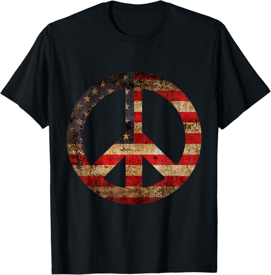 Vintage US American Flag Peace Sign 4th Of July T-Shirt