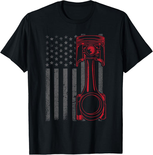 Vintage American Flag Piston Funny Muscle Car Mechanic Gift T-Shirt