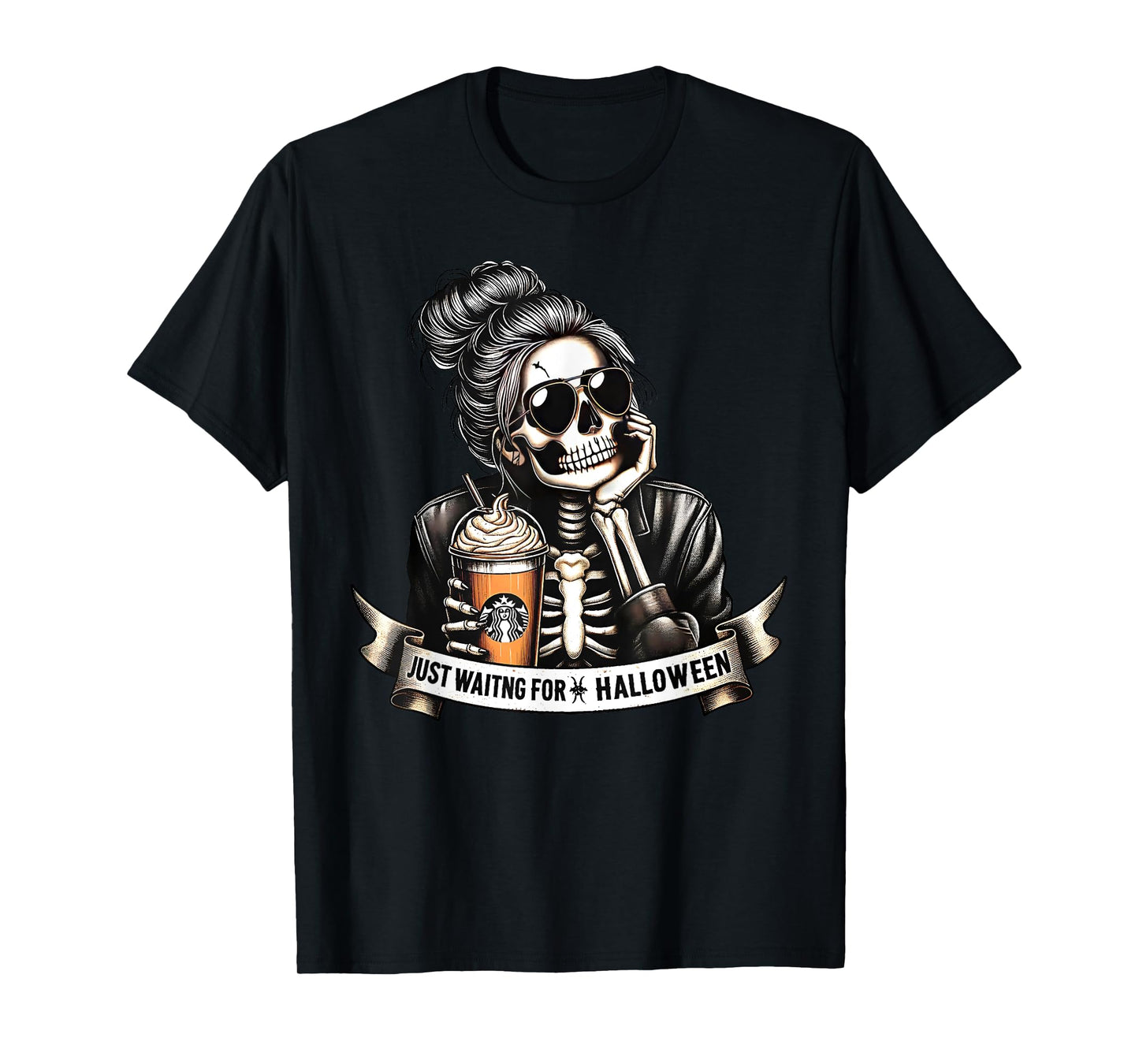 Just Waiting For Halloween Spooky Season Skeleton Coffee T-Shirt