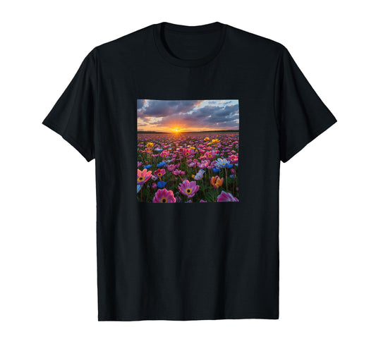 Anemone Flower Field Beautiful Sunset Colorful Graphic T-Shirt