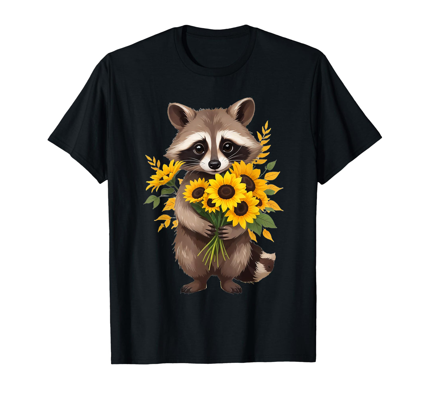 Raccoon Holding Sunflower Cute Flower Mothers Day T-Shirt