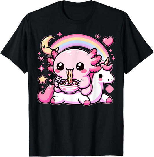 Anime Kawaii Axolotl Eating Ramen Noodles Kids Teen Girl Boy T-Shirt