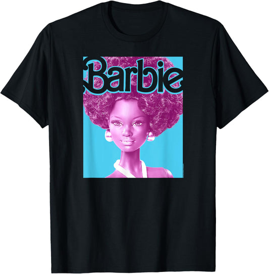 Barbie Afro Doll Classic Fit T-Shirt: Adult Round Neck, Black, Short Sleeve, Cotton-Polyester