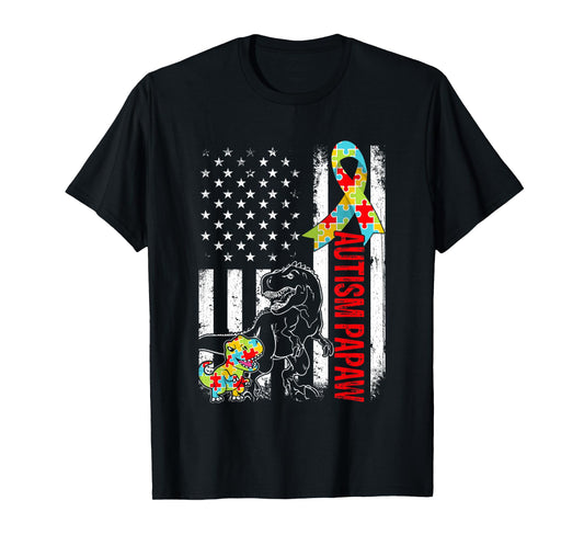 American Flag Autism Papaw Dinosaur Awareness Autistic Women Kids Men T-Shirt