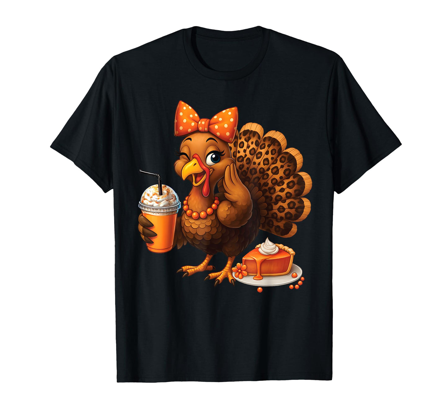 Turkey Drinking Ice Coffee Thanksgiving Bow Girls Womens T-Shirt