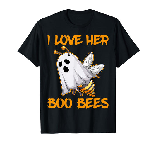 Funny I Love Her Boo Bees Couples Halloween Day Men Women T-Shirt