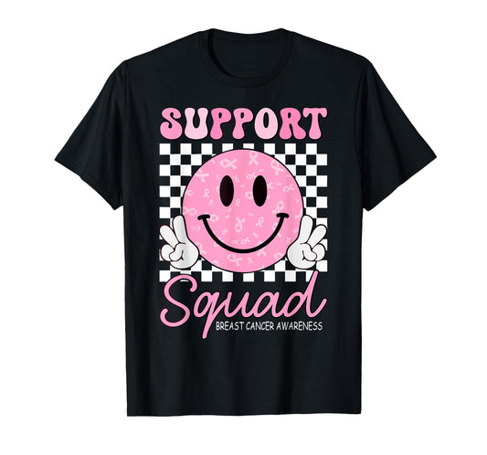 Support Squad Breast Cancer Awareness Smile Face Pink Ribbon T-Shirt