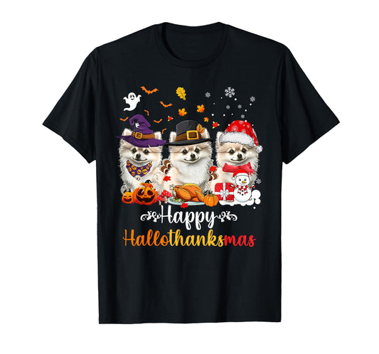 Happy Hallothanksmas Pomeranian Dog Halloween Christmas T-Shirt