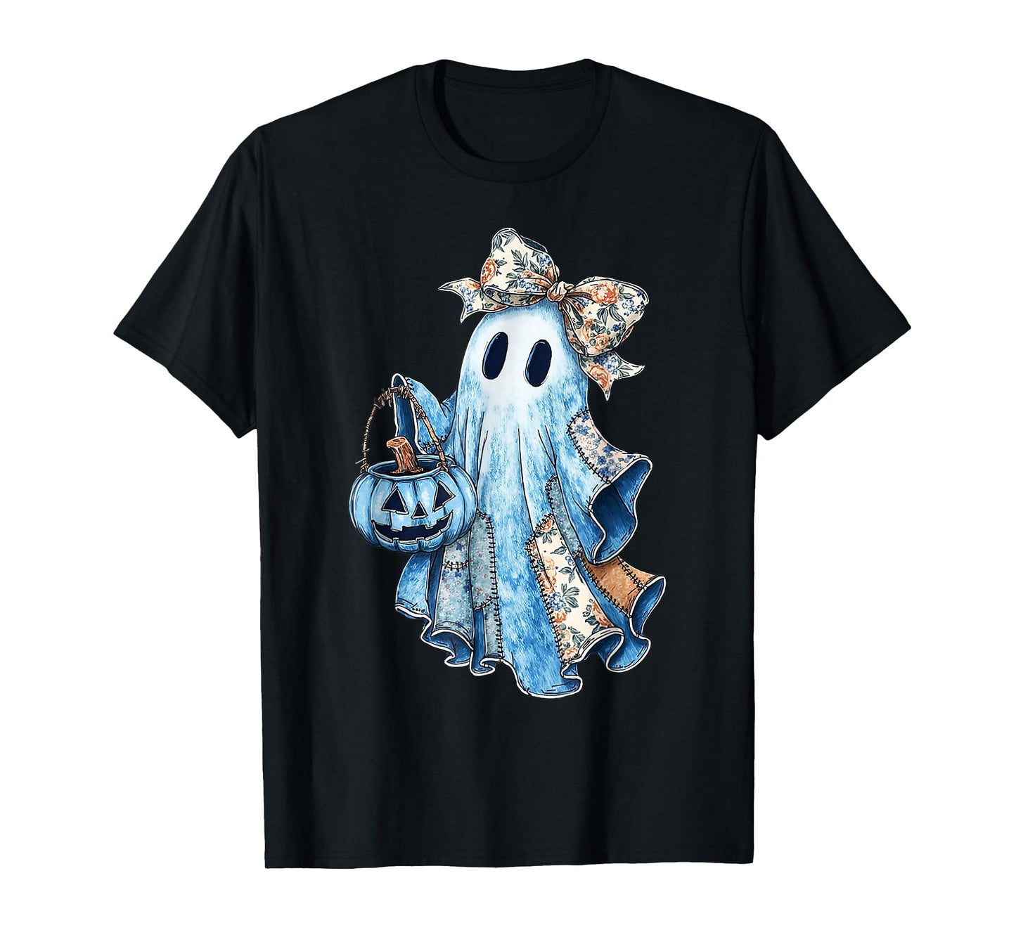 Vintage Patchwork Ghost with Floral Bow Women Girl Halloween T-Shirt