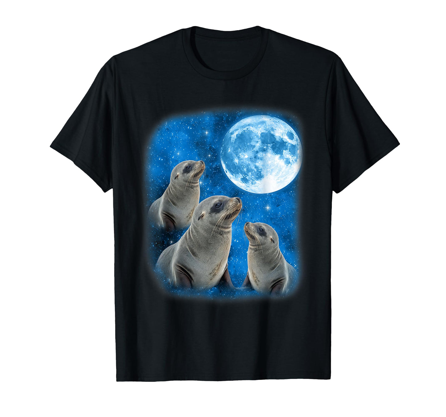 Seals Howling At The Space Full Moon Night Starry Sky Seal T-Shirt