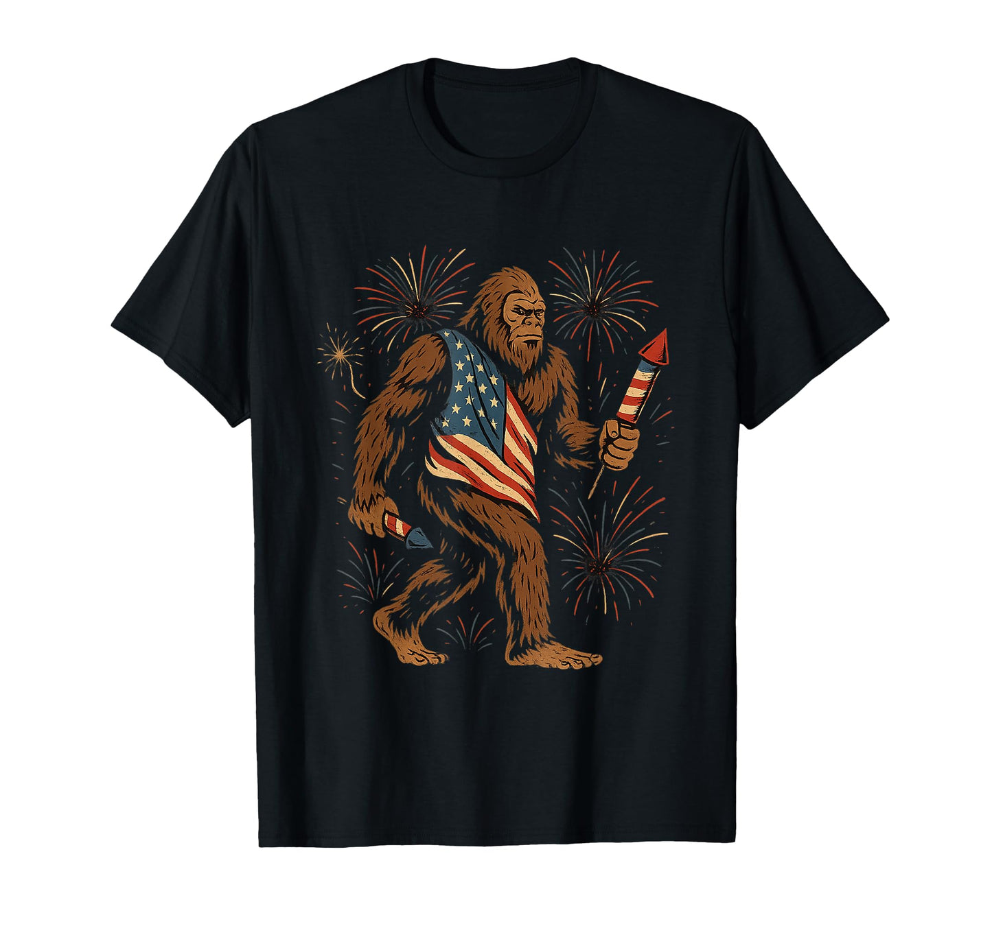 Bigfoot Fireworks 4th of July Men Sasquatch American US Flag T-Shirt