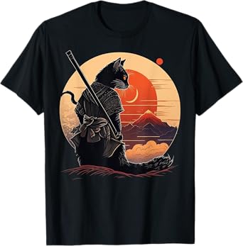 Vintage Japanese Sunset Style and samurai cat Kitten Lover Men Women Kids T-Shirt