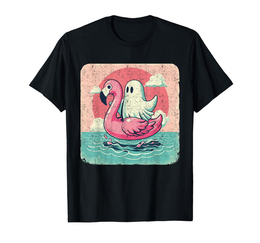 Funny Pool Vintage Ghost On A Pink Flamingo Summer Halloween Men Women T-Shirt