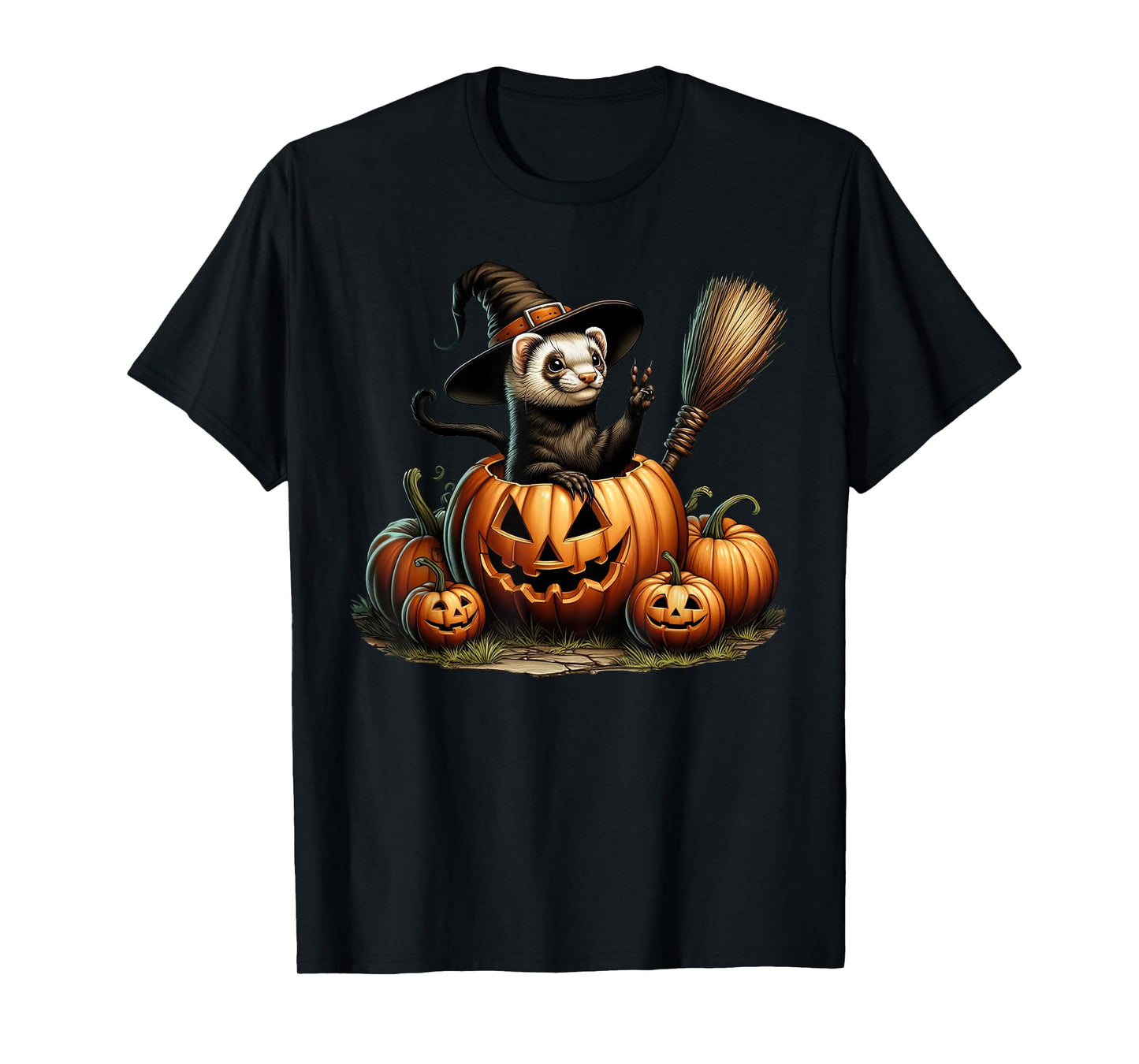 Funny Ferret Witch Pumpkin Halloween Mens Womens Kids T-Shirt