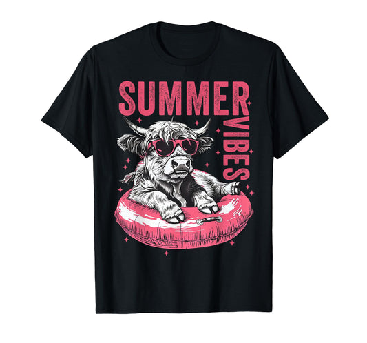 Cute Hello Summer Vibes Highland Cow Funny Beach Vacation T-Shirt