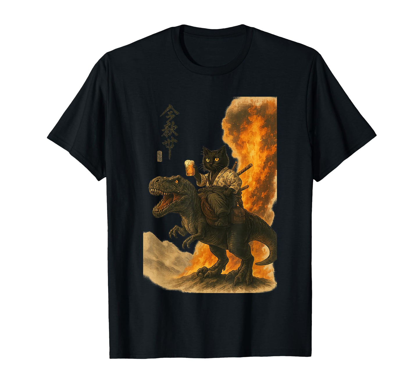 Black Cat Samurai Dinosaur Sea Wave Print T-Shirt