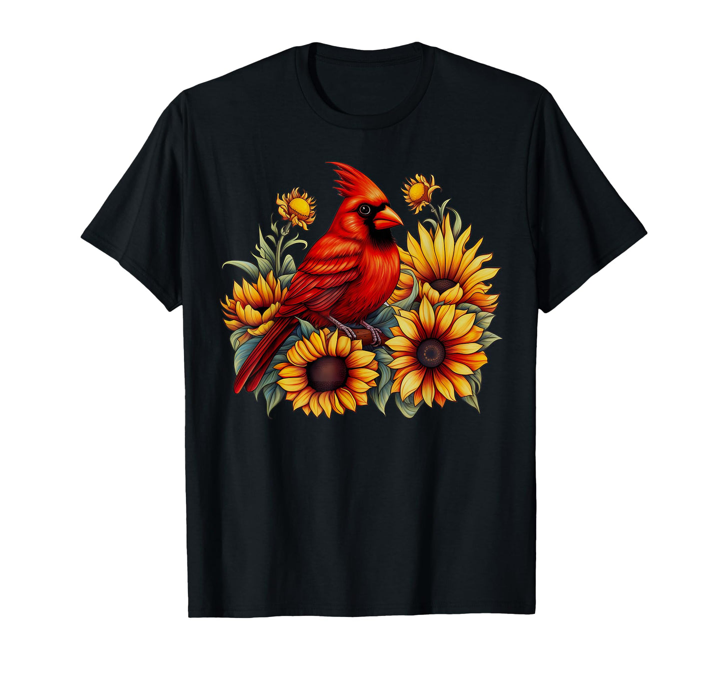 Red Cardinal Bird Sunflower Floral Nature Bird Watching T-Shirt
