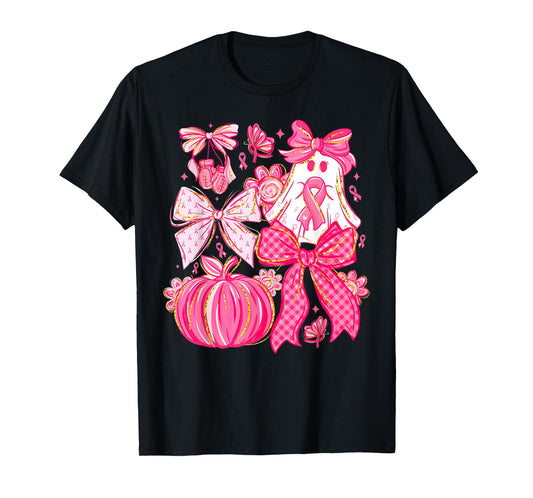 Breast Cancer Pink Ribbon Coquette Bow Pink Ghost Pumpkin T-Shirt