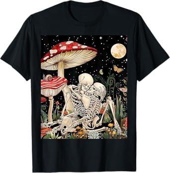 Boho Mushroom Retro Skeleton Couple Vintage Kiss Witchy Moth T-Shirt