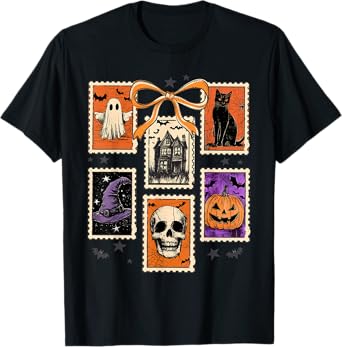 Vintage Funny Coquette Bow Boojee Ghosts Stamp Halloween T-Shirt