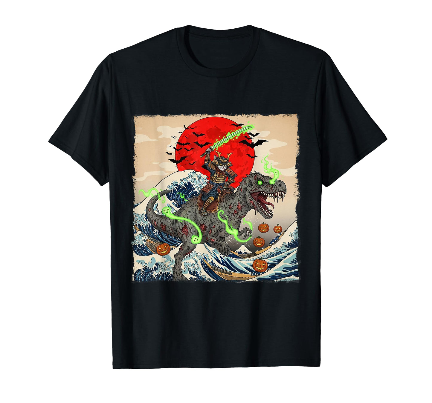 Samurai Cat vs Zombie Dinosaur Spooky Ukiyo-e Halloween Tee T-Shirt